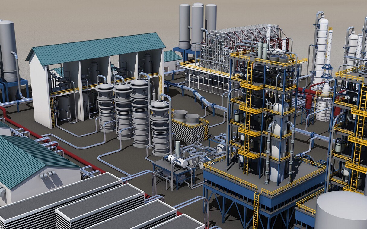 Rendering of a processing plant featuring major equipment, structural steel, and piping