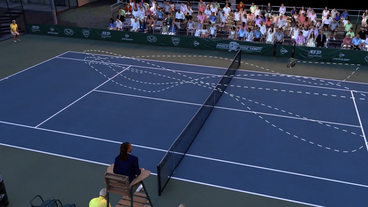 Rendering of the path of a tennis ball on a tennis court for a VFX sequence in the film Challengers.