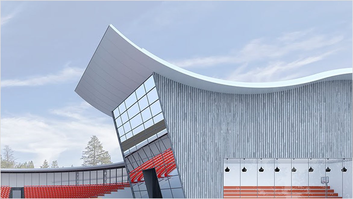 Mit AutoCAD erstelltes Rendering einer Sporthalle