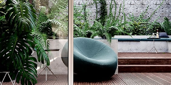 3D rendering of chair on patio with plants