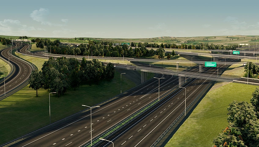 Renderización de la intersección de una autopista que ilustra las funciones de diseño del software AutoCAD