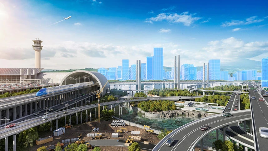 Imagem de paisagem urbana de infraestrutura com foco em construções e uma sobreposição digital azul.