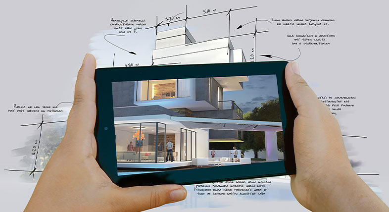 손으로 그린 건축 프로젝트의 3D 렌더링 표현 위에서 완성된 주택을 보여 주는 태블릿 