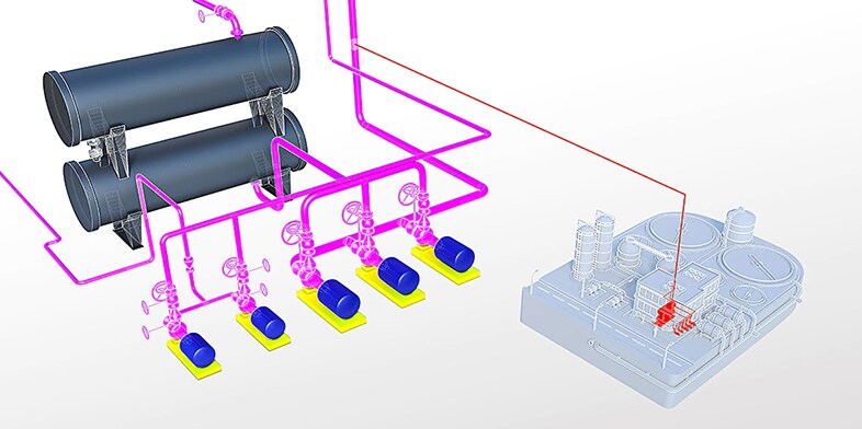 Modell eines Rohrleitungssystems als Detaildarstellung aus der Anlagenzeichnung