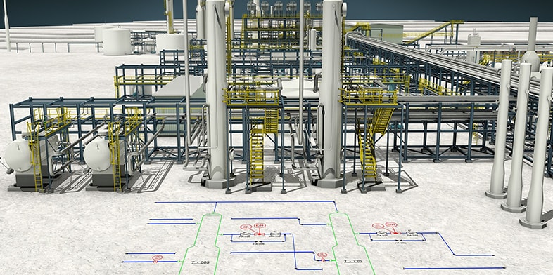 Rendering of a process plant model with P&ID schematic overlay