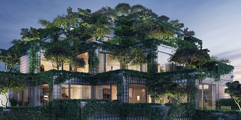 Rendering of the residential units at the KING Toronto urban development, covered with a skin of lush gardens