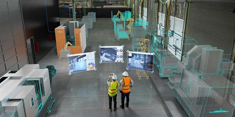 工厂车间的工人们用平板电脑观看设备的增强现实视图