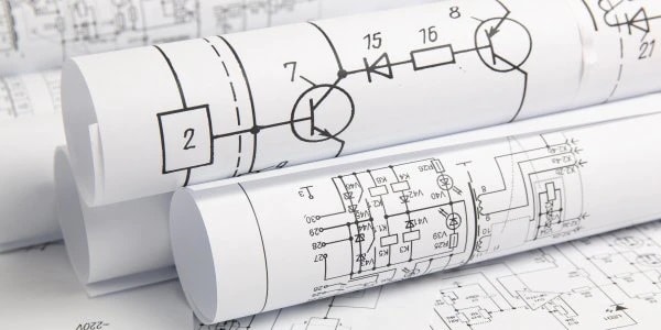 rolls of blueprints with electrical drawings