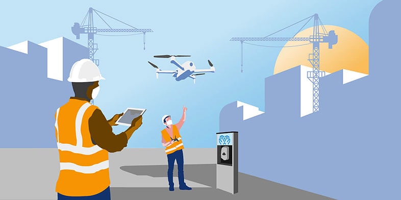 Construction workers use a tablet and a drone next to a hand sanitizer dispenser. Illustration.