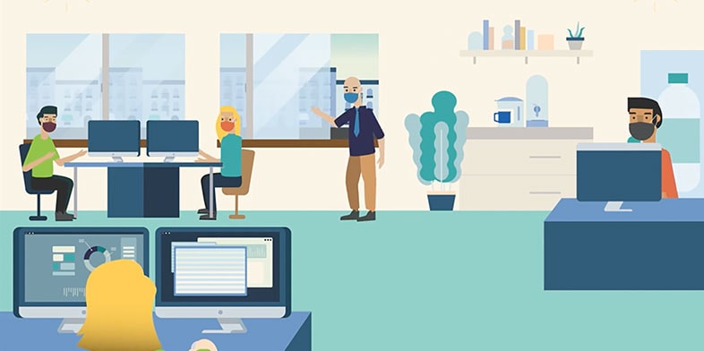 Several masked people in a physically distanced office environment. Illustration