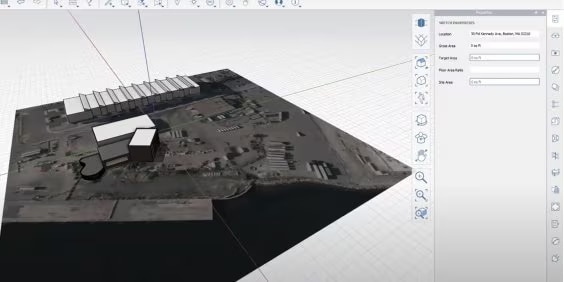 3D model of a waterfront industrial site on a computer screen. The interface displays editing tools and settings on the right. The model includes several buildings and textures, resembling a planning or design software.