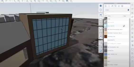 A 3D architectural model of a building featuring a large glass facade with grid-like panels. The design interface is visible on the right, showing various material options and tools. The background appears to be a digital rendering of a landscape.