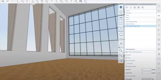 A digital 3D rendering of a spacious room with large windows and wooden flooring. The interface shows various design tools and options on the right side of the screen.
