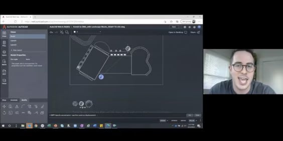 A person with glasses is speaking via video call. The screen displays a technical drawing in a CAD software interface, featuring geometric shapes and dimensions.