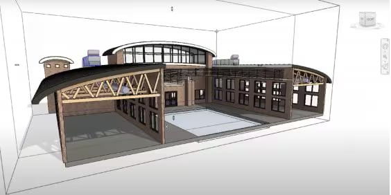 3D architectural rendering of a modern building with arched roofs and large windows. The structure is enclosed in a transparent rectangular box, showcasing exterior and interior elements, including a central open space.