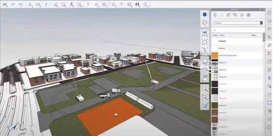 A 3D modeling software interface showcasing a digital urban landscape with buildings, roads, and green spaces. The right side displays a materials palette, while the top menu contains various tool icons.
