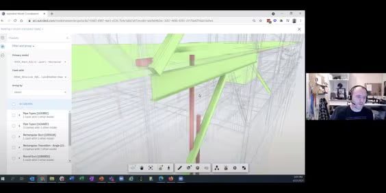  A person appears in a video call next to a computer screen displaying a 3D architectural design with green and red elements, lines, and measurements. The interface includes various design tools and options.