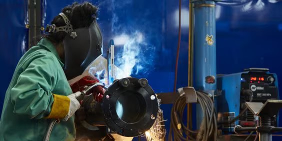 A welder wearing protective gear works with a welding torch on a metal pipe in an industrial setting. Sparks fly around the area, and various tools and equipment are visible in the background.