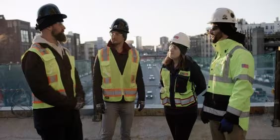 Four construction workers wearing safety gear and hard hats are standing on a construction site with a cityscape in the background. They appear to be engaged in conversation.