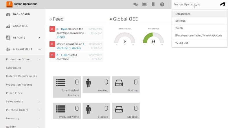 Image of a screenshot showing integrations option in Autodesk Fusion Operations.
