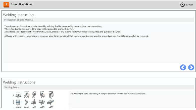 Image of a screenshot from the Autodesk Fusion Operations app showing worker instructions for welding a product.