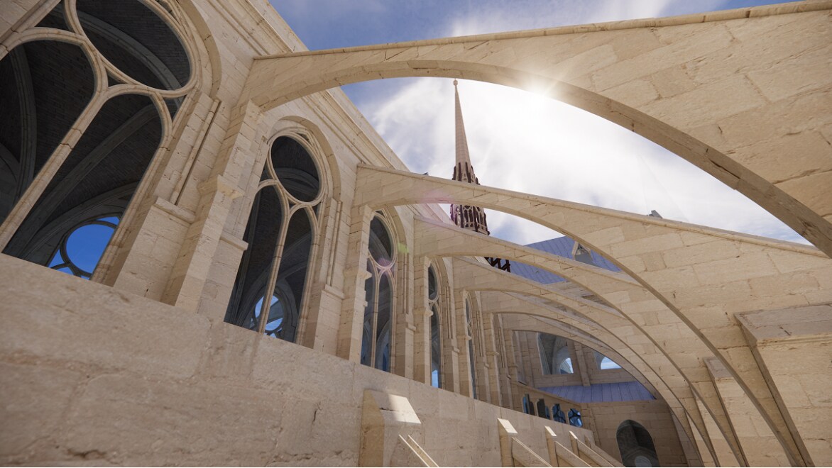 A 3D visualization of one of the angles of the restored Notre-Dame Cathedral, created by Autodesk.