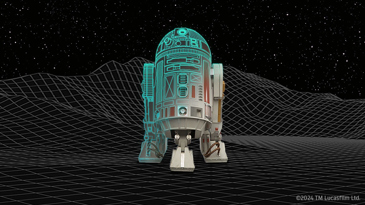 Droid on mesh mountain landscape