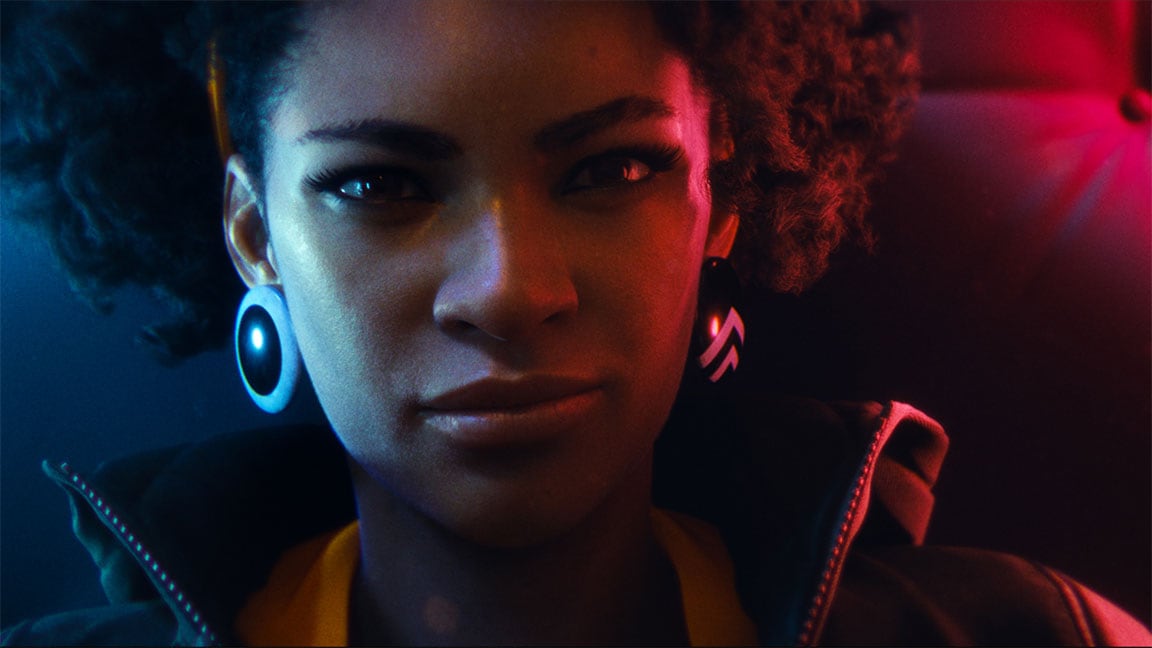 Immagine ritratto di un giovane personaggio femminile afroamericano del trailer del gioco DEATHLOOP