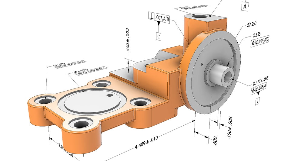 Machined part with 3D annotations of manufacturing tolerances