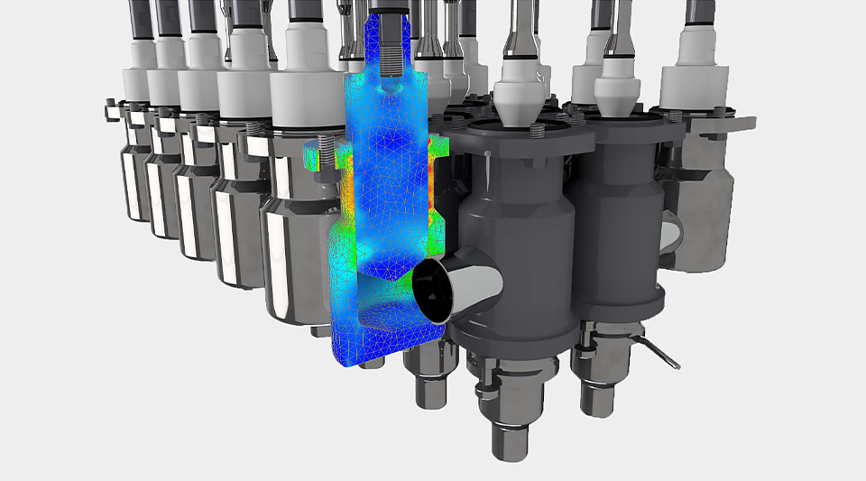 Vizualizace znázorňující analýzu tepelného napětí ventilu pro plnění kapalin