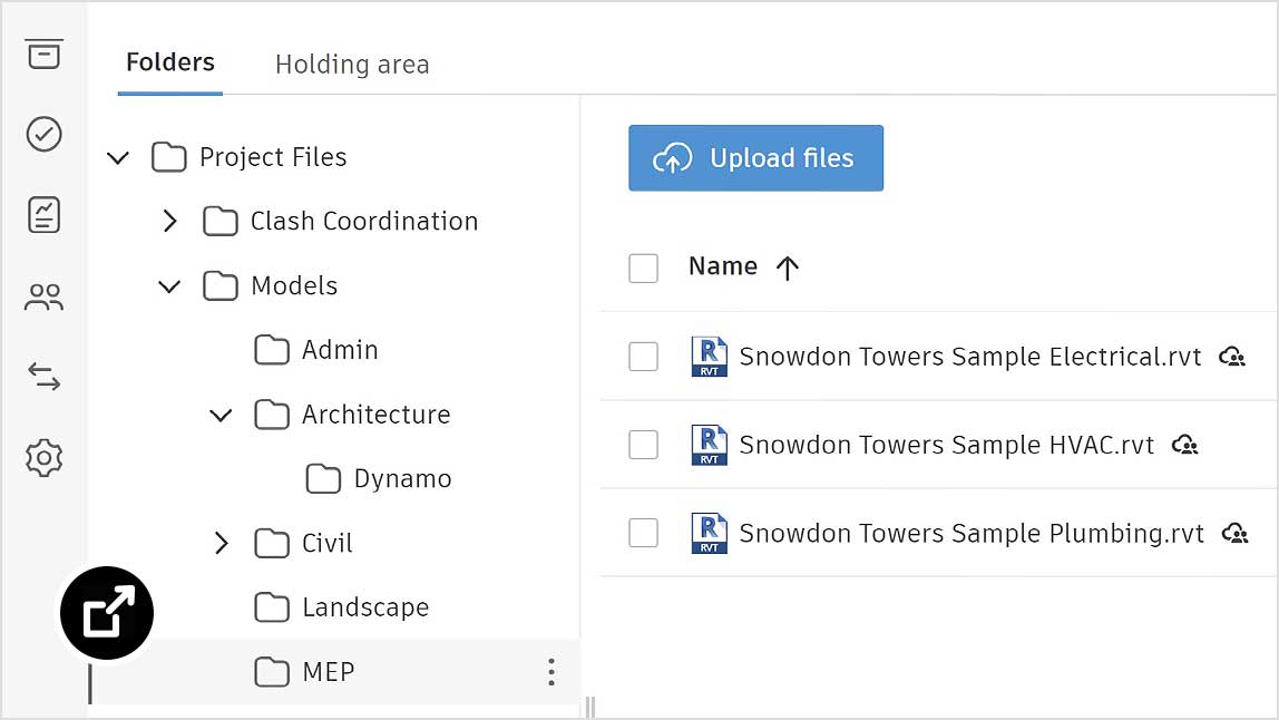 Autodesk Docs 的用户界面，与 Snowdon Towers 相关的文件列表