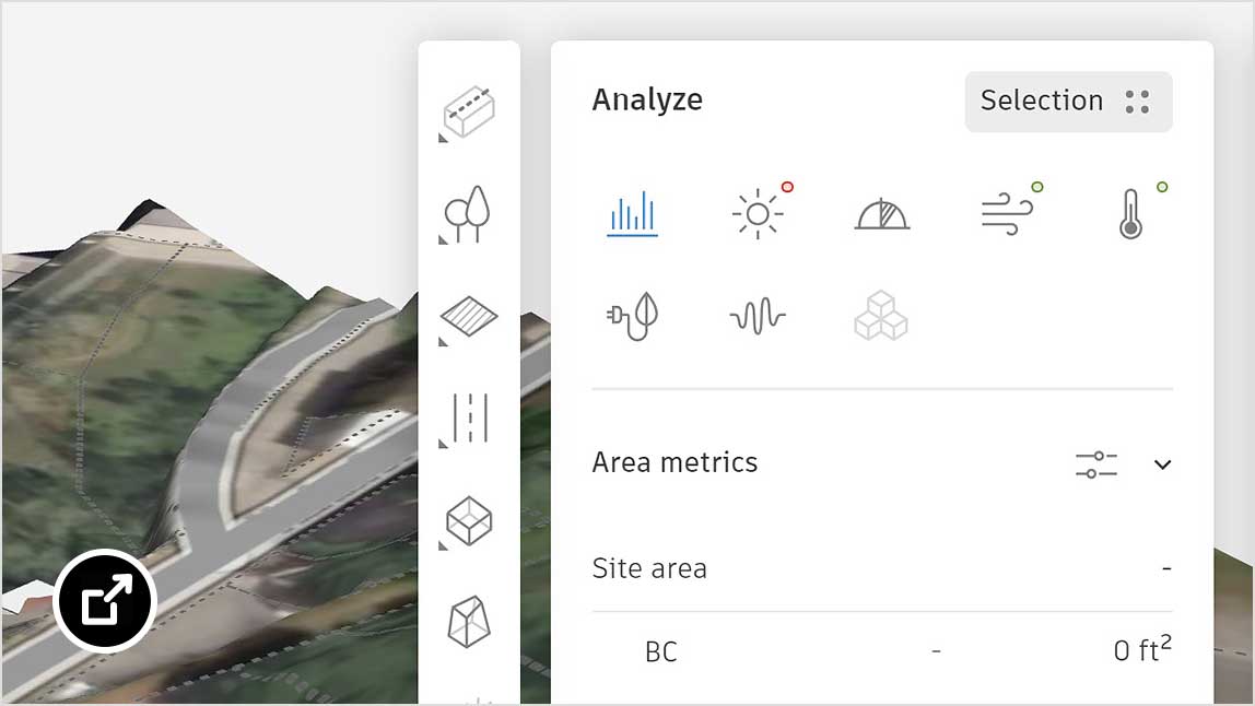 Interface van Autodesk Forma die de gebruikte analyse weergeeft