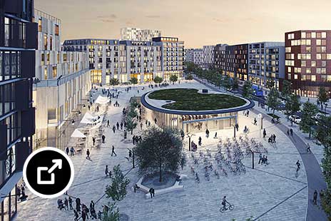 Rendering of a city square with an entrance to underground public transport in the centre