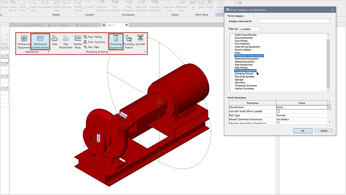 Revit user interface showing dropdown with mechanical control devices and plumbing equipment categories selected