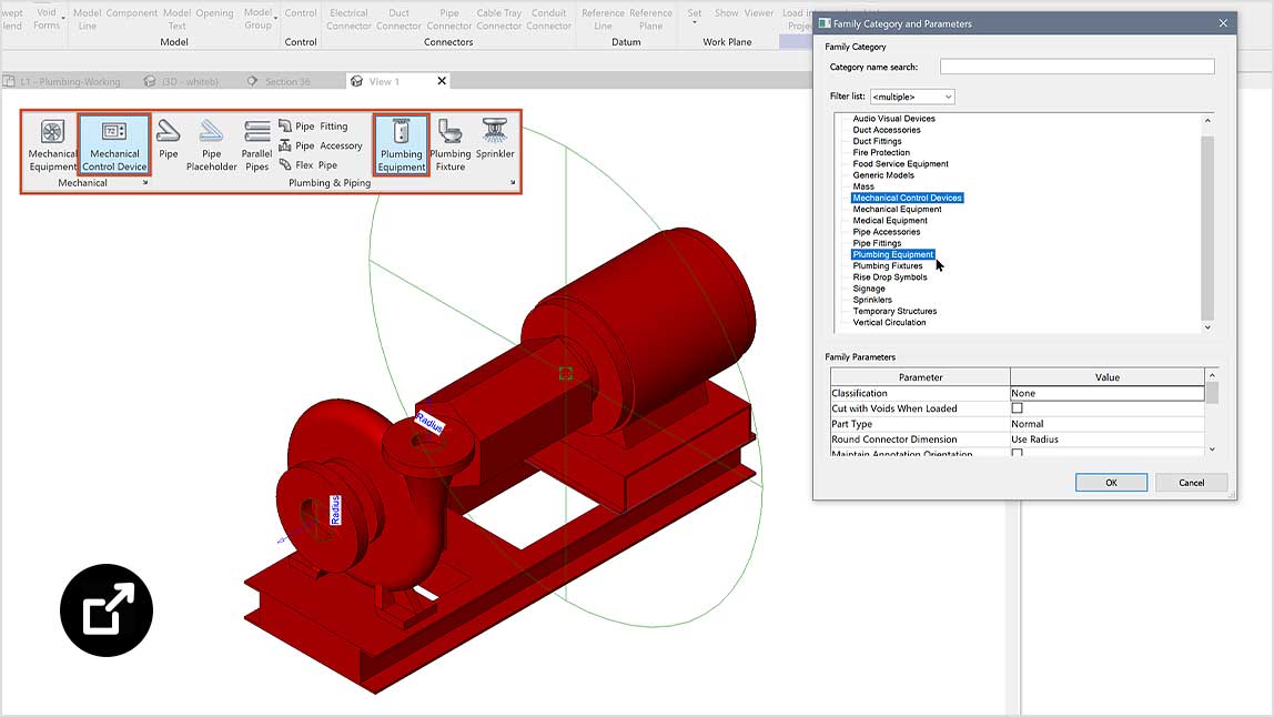 Revit user interface showing category search window with mechanical control devices and plumbing equipment selected