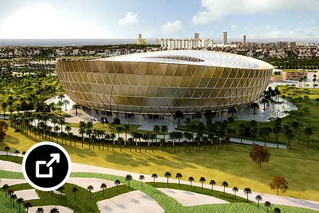 Renderização do estádio de Lusail em Doha, construído para o Campeonato do Mundo de 2022 e com a forma de uma tigela com pormenores complexos