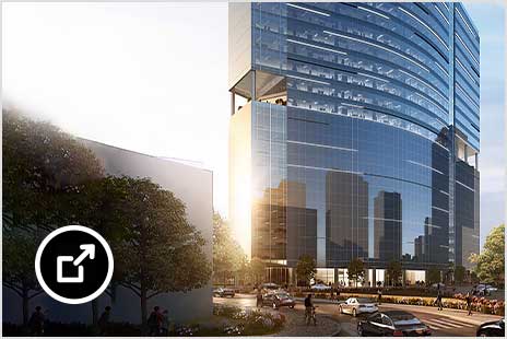 Vizualizace futuristické budovy The Link at Uptown ze skla a oceli