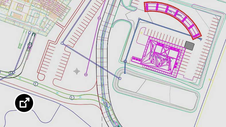 トラックのスイープ パス解析が表示されている Civil 3D のユーザー インタフェース
