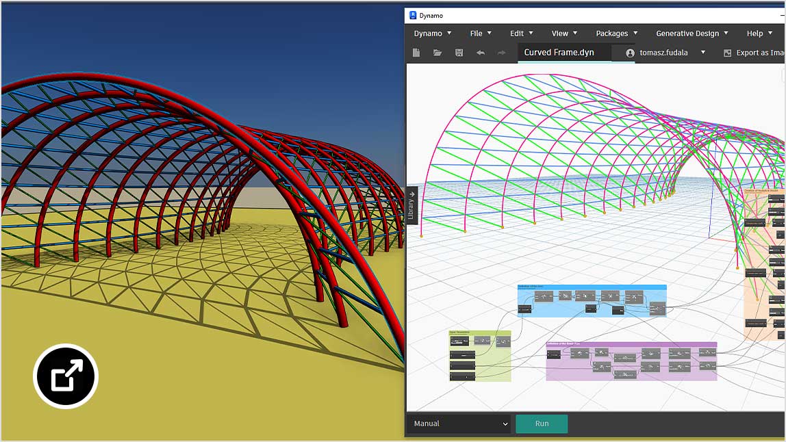 Curved frame model in Revit with Dynamo analysis window inset
