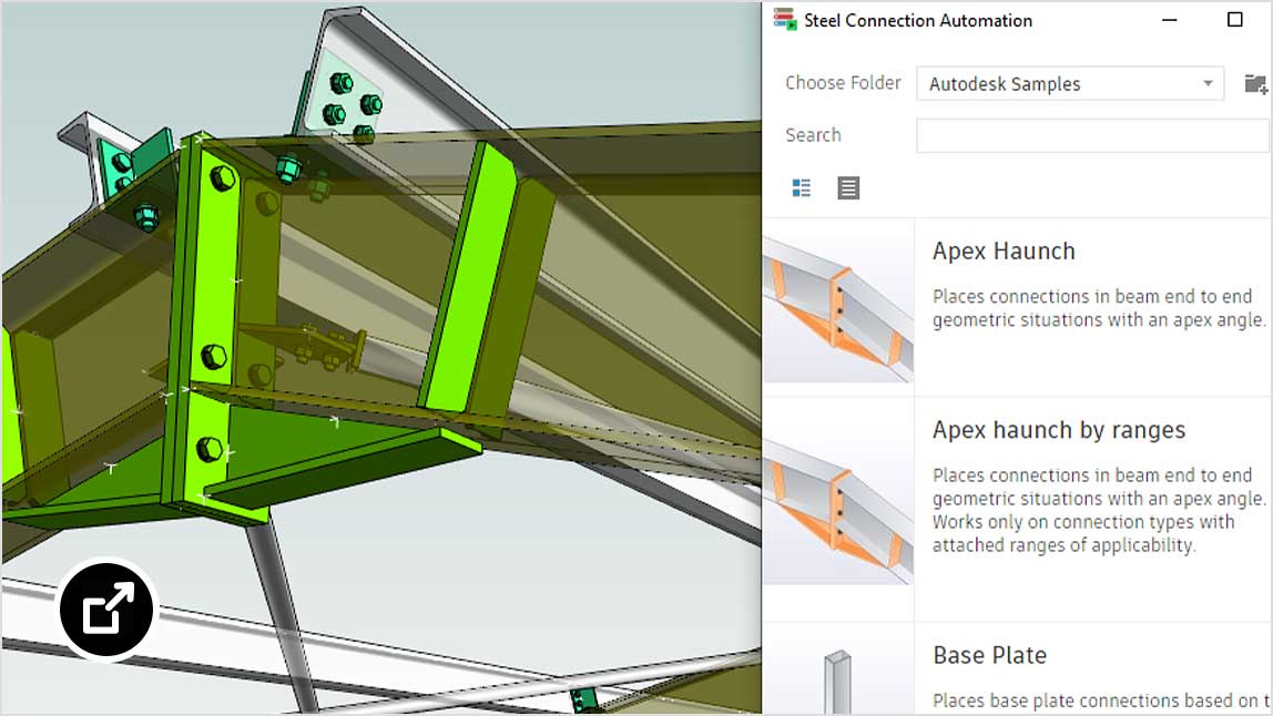 Revit-Benutzeroberfläche mit Perspektiven zur Automatisierung von Fertigbeton- und Stahlverbindungen
