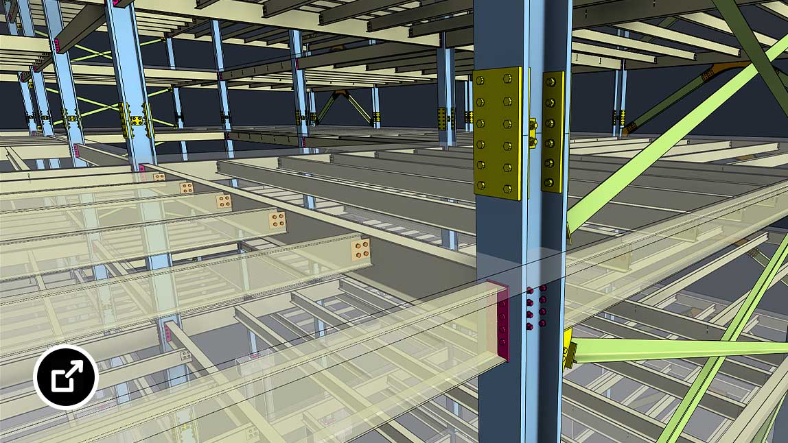 Interfaccia utente di Revit che mostra connessioni in acciaio in un modello 3D