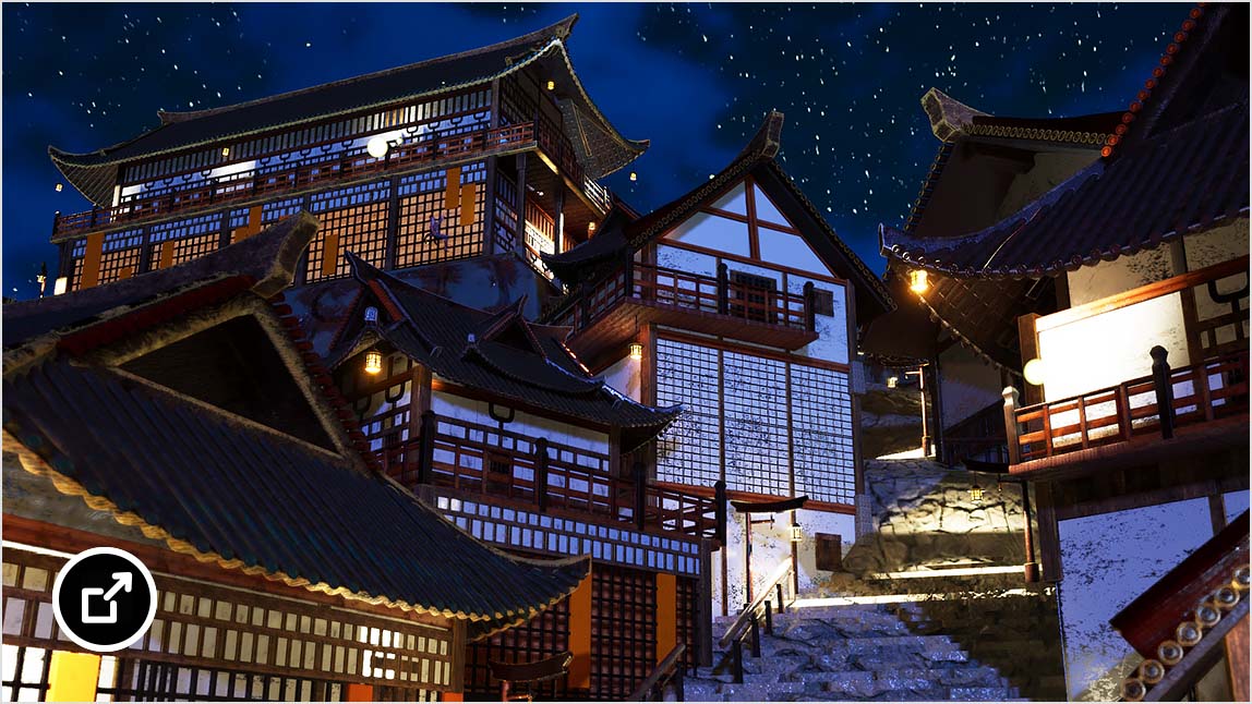 Village d'inspiration japonaise avec de nombreuses structures