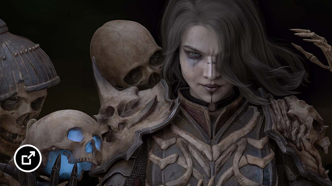 Fantasy character holding a blue-eyed skull