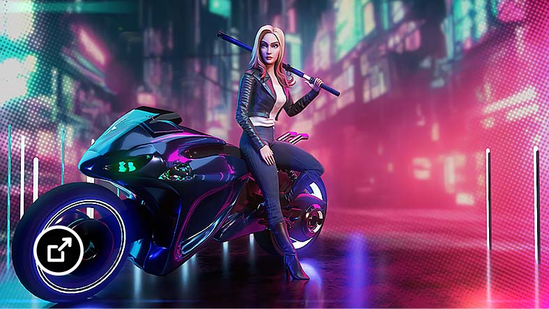 未来風のオートバイに腰かけているサイバーパンクのキャラクター