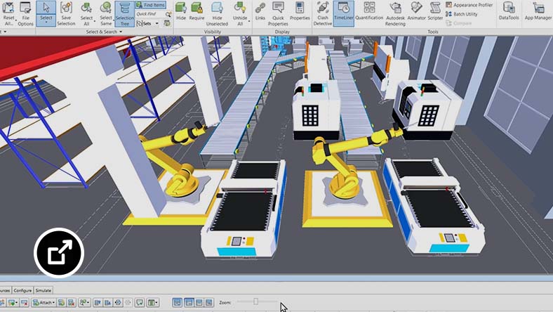 Een kleurrijk ontwerp van de fabrieksvloer dat op een computerscherm wordt weergegeven en de planning van apparatuur toont 