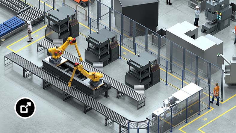 Un diseño de layout de fábrica con transportadores y equipos de proceso que se muestran en 3D 