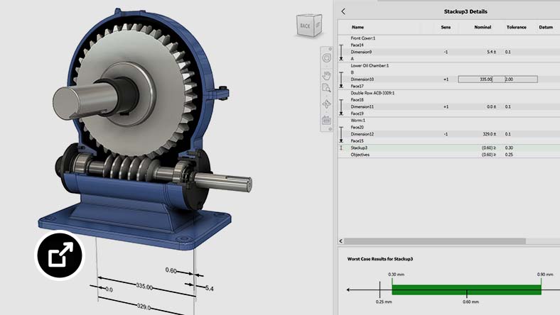 A screen in Inventor showing the tolerance analysis of an assembly with stackup results 