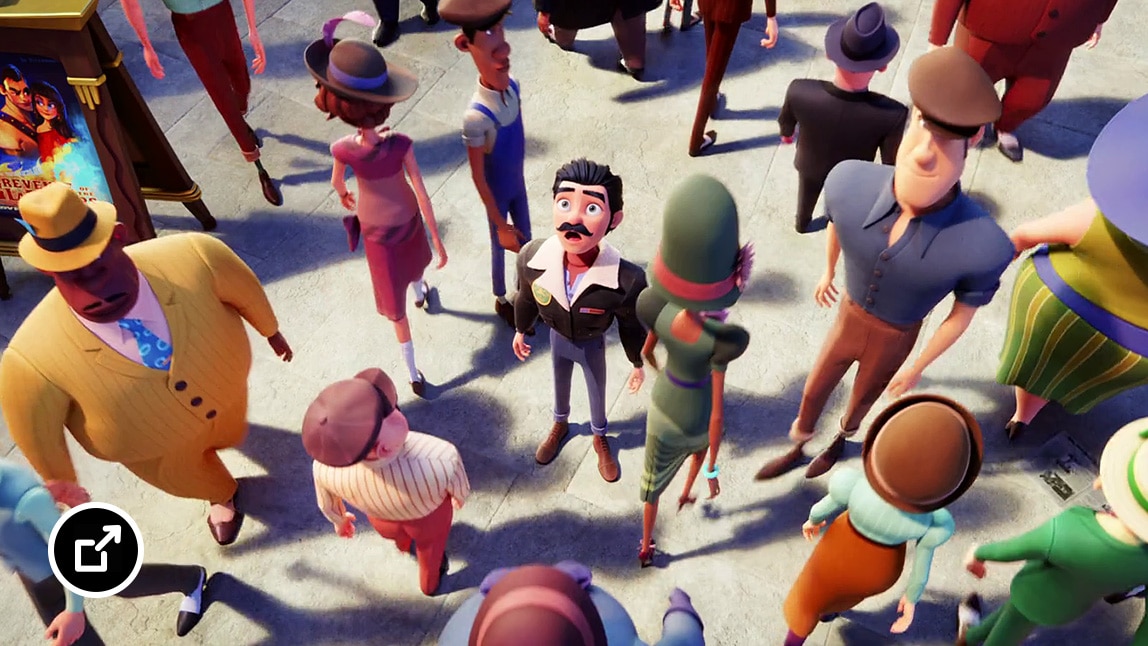 Animated creatures charging across a field towards two robots. 