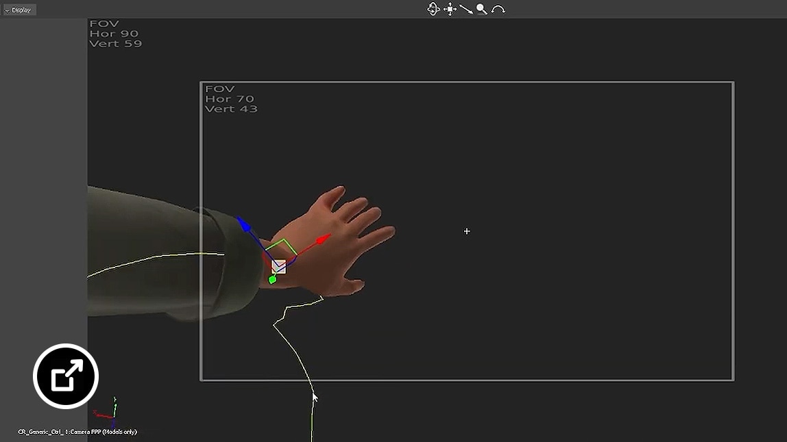 MotionBuilder（Autodesk 传媒和娱乐软件集的一部分）中手部运动捕捉动画的屏幕截图 