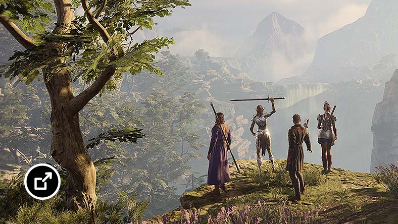 悬崖边缘的四个角色面对绿色的丘陵景观 